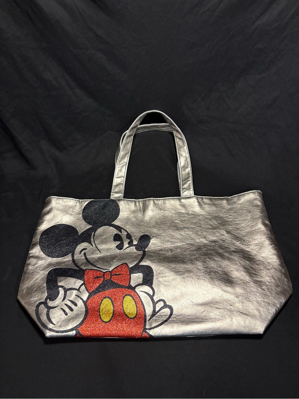 Disney Metallic Silver Mickey Tote with Red and Yellow Accents